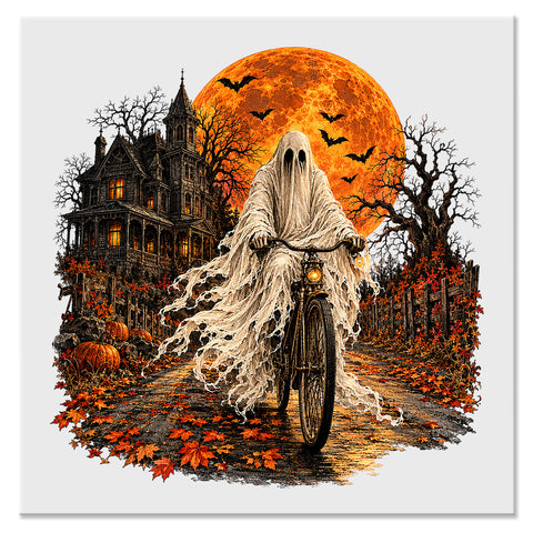 Ghost Riding Bicycle Halloween Design - DTF Ready To Press