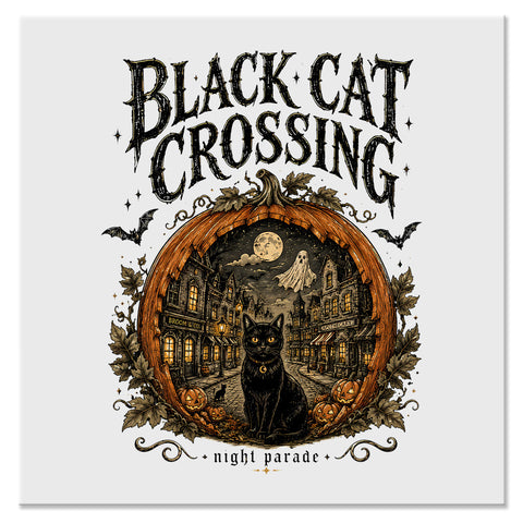Black Cat Crossing Night Parade Halloween Design - DTF Ready To Press