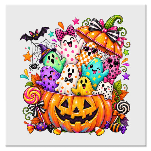 Colorful Cute Ghosts & Pumpkin Halloween Design - DTF Ready To Press