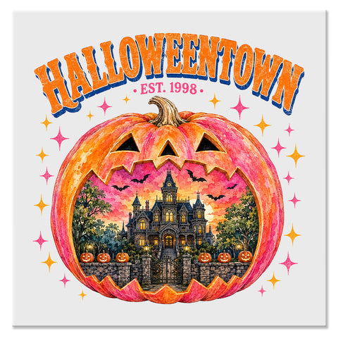 Pink Halloween Town Haunted Pumpkin Design - DTF Ready To Press