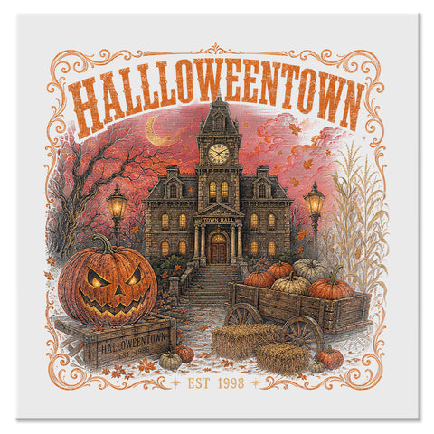 Vintage Halloween Town Hall Pumpkin Design - DTF Ready To Press