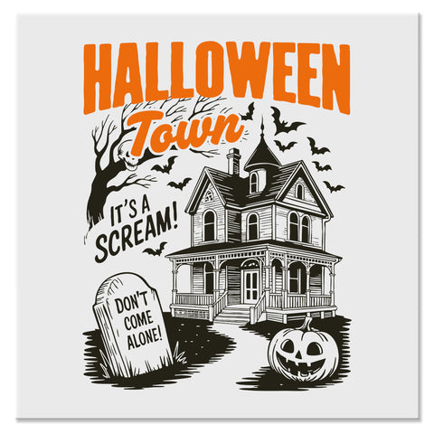 Orange Halloween Town Haunted House Design - DTF Ready To Press
