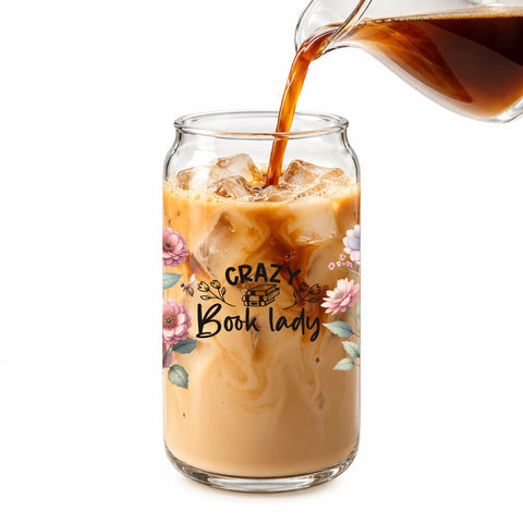 Crazy Book Lady Floral 16 oz Glass Jar, Book Lover Iced Coffee Cup with Bamboo Lid & Glass Straw, Reader Gift