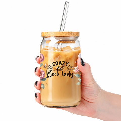 Crazy Book Lady Floral 16 oz Glass Jar, Book Lover Iced Coffee Cup with Bamboo Lid & Glass Straw, Reader Gift