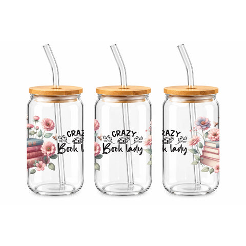 Crazy Book Lady Floral 16 oz Glass Jar, Book Lover Iced Coffee Cup with Bamboo Lid & Glass Straw, Reader Gift
