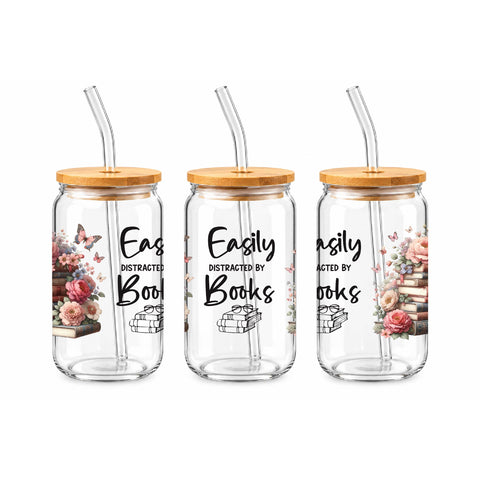 Easily Distracted by Books 16 oz Glass Jar, Book Lover Iced Coffee Cup with Bamboo Lid & Glass Straw, Reader Gift