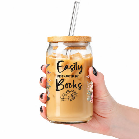 Easily Distracted by Books 16 oz Glass Jar, Book Lover Iced Coffee Cup with Bamboo Lid & Glass Straw, Reader Gift