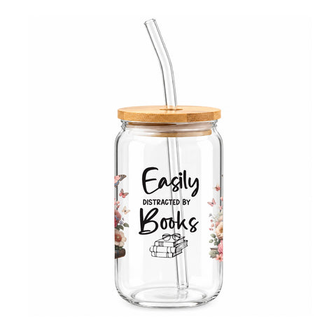 Easily Distracted by Books 16 oz Glass Jar, Book Lover Iced Coffee Cup with Bamboo Lid & Glass Straw, Reader Gift