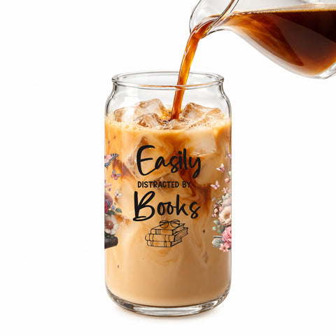 Easily Distracted by Books 16 oz Glass Jar, Book Lover Iced Coffee Cup with Bamboo Lid & Glass Straw, Reader Gift