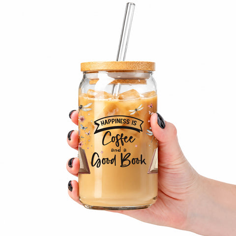 Happiness Is Coffee and a Good Book 16 oz Glass Jar, Book Lover Iced Coffee Cup, Reader Gift