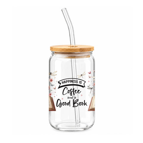 Happiness Is Coffee and a Good Book 16 oz Glass Jar, Book Lover Iced Coffee Cup, Reader Gift