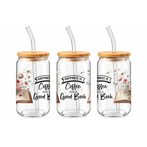 Happiness Is Coffee and a Good Book 16 oz Glass Jar, Book Lover Iced Coffee Cup, Reader Gift
