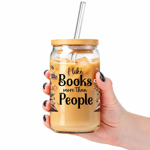 I Like Books More Than People 16 oz Glass Jar, Funny Book Lover Iced Coffee Cup, Reader Gift