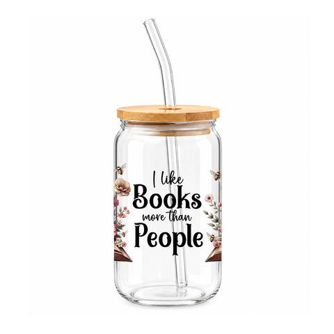 I Like Books More Than People 16 oz Glass Jar, Funny Book Lover Iced Coffee Cup, Reader Gift