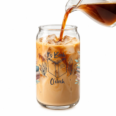 It's Book O'Clock 16 oz Glass Jar, Book Lover Iced Coffee Cup with Bamboo Lid & Straw, Reader Gift
