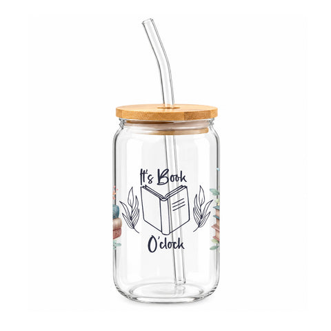 It's Book O'Clock 16 oz Glass Jar, Book Lover Iced Coffee Cup with Bamboo Lid & Straw, Reader Gift