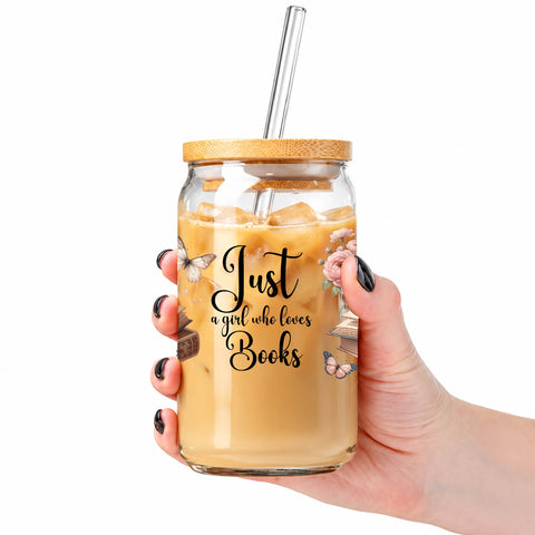 Just a Girl Who Loves Books 16 oz Glass Jar, Book Lover Iced Coffee Cup, Reader Gift