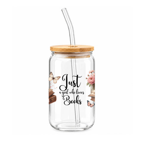 Just a Girl Who Loves Books 16 oz Glass Jar, Book Lover Iced Coffee Cup, Reader Gift