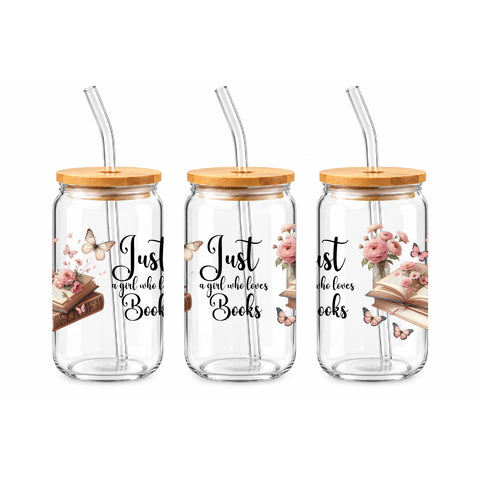 Just a Girl Who Loves Books 16 oz Glass Jar, Book Lover Iced Coffee Cup, Reader Gift