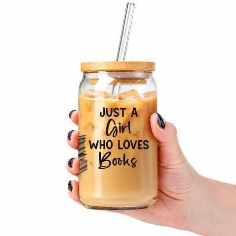 Just a Girl Who Loves Books 16 oz Glass Jar, Book Stack Iced Coffee Cup, Book Lover Gift