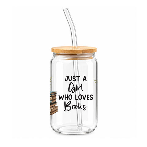 Just a Girl Who Loves Books 16 oz Glass Jar, Book Stack Iced Coffee Cup, Book Lover Gift