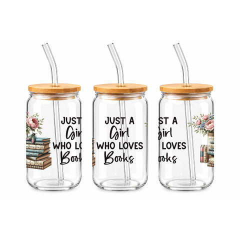 Just a Girl Who Loves Books 16 oz Glass Jar, Book Stack Iced Coffee Cup, Book Lover Gift