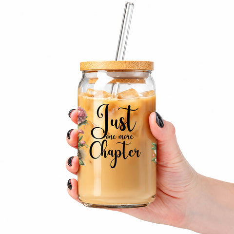 Just One More Chapter 16 oz Glass Jar, Book Lover Iced Coffee Cup, Reader Gift