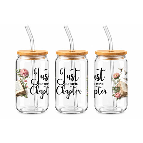 Just One More Chapter 16 oz Glass Jar, Book Lover Iced Coffee Cup, Reader Gift