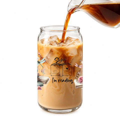 Shhh I'm Reading 16 oz Glass Jar, Book Lover Iced Coffee Cup, Reader Gift