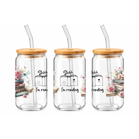 Shhh I'm Reading 16 oz Glass Jar, Book Lover Iced Coffee Cup, Reader Gift