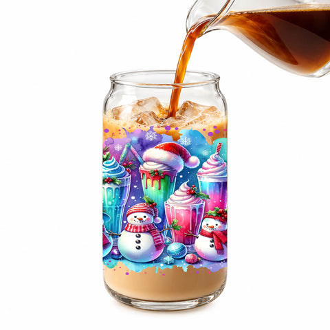 Christmas Snowman Drinks 16 oz Glass Jar, Colorful Holiday Iced Coffee Cup, Christmas Gift