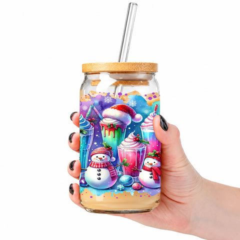 Christmas Snowman Drinks 16 oz Glass Jar, Colorful Holiday Iced Coffee Cup, Christmas Gift