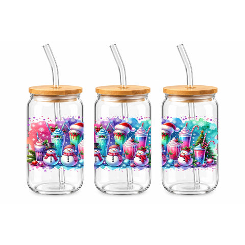 Christmas Snowman Drinks 16 oz Glass Jar, Colorful Holiday Iced Coffee Cup, Christmas Gift