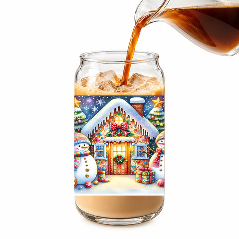 Christmas Snowman House 16 oz Glass Jar, Colorful Holiday Iced Coffee Cup, Christmas Gift