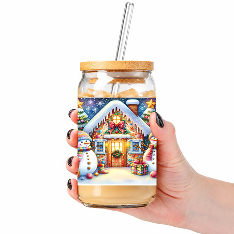 Christmas Snowman House 16 oz Glass Jar, Colorful Holiday Iced Coffee Cup, Christmas Gift