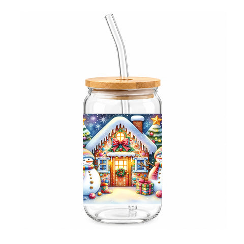 Christmas Snowman House 16 oz Glass Jar, Colorful Holiday Iced Coffee Cup, Christmas Gift