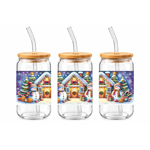 Christmas Snowman House 16 oz Glass Jar, Colorful Holiday Iced Coffee Cup, Christmas Gift