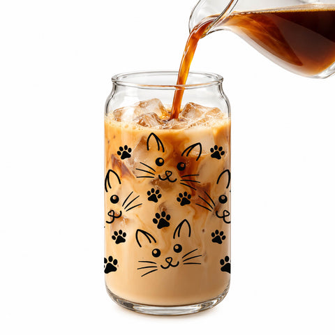 Cat Faces & Paw Prints 16 oz Glass Jar, Cat Lover Iced Coffee Cup with Bamboo Lid & Straw, Pet Gift