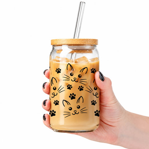 Cat Faces & Paw Prints 16 oz Glass Jar, Cat Lover Iced Coffee Cup with Bamboo Lid & Straw, Pet Gift