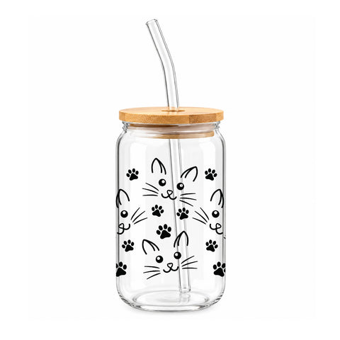 Cat Faces & Paw Prints 16 oz Glass Jar, Cat Lover Iced Coffee Cup with Bamboo Lid & Straw, Pet Gift