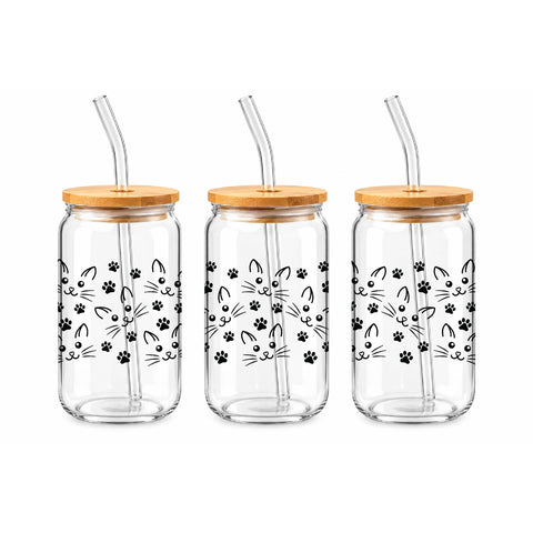 Cat Faces & Paw Prints 16 oz Glass Jar, Cat Lover Iced Coffee Cup with Bamboo Lid & Straw, Pet Gift