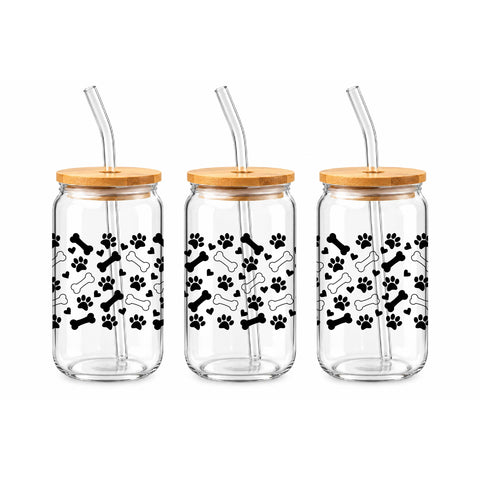 Dog Paw Prints & Bones 16 oz Glass Jar, Dog Lover Iced Coffee Cup with Bamboo Lid & Straw, Pet Gift