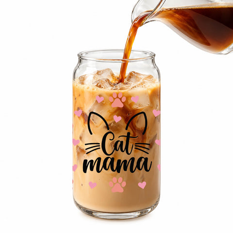 Cat Mama Paw Print 16 oz Glass Jar, Cat Lover Iced Coffee Cup with Bamboo Lid & Straw, Pet Mom Gift