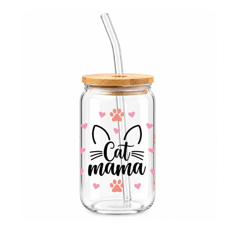 Cat Mama Paw Print 16 oz Glass Jar, Cat Lover Iced Coffee Cup with Bamboo Lid & Straw, Pet Mom Gift