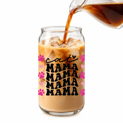 Cat Mama Pink Paw Prints 16 oz Glass Jar, Cat Lover Iced Coffee Cup, Pet Mom Gift