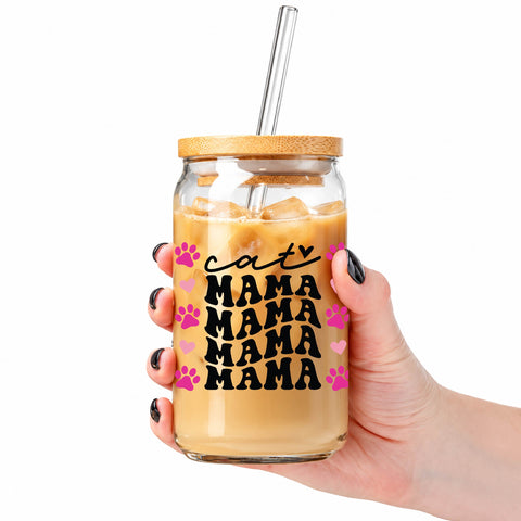 Cat Mama Pink Paw Prints 16 oz Glass Jar, Cat Lover Iced Coffee Cup, Pet Mom Gift