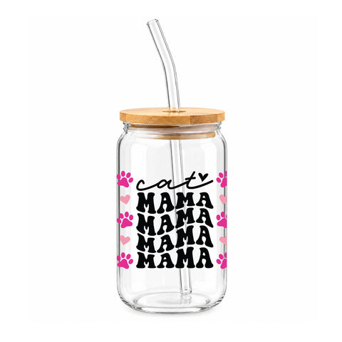 Cat Mama Pink Paw Prints 16 oz Glass Jar, Cat Lover Iced Coffee Cup, Pet Mom Gift