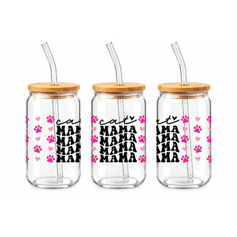Cat Mama Pink Paw Prints 16 oz Glass Jar, Cat Lover Iced Coffee Cup, Pet Mom Gift