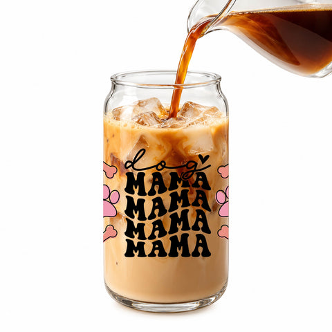 Dog Mama Paw Prints & Bones 16 oz Glass Jar, Dog Lover Iced Coffee Cup, Pet Mom Gift