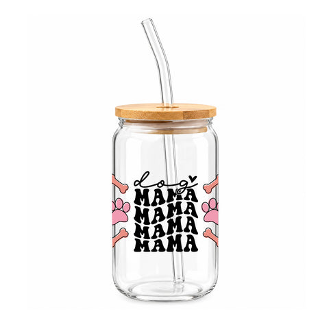 Dog Mama Paw Prints & Bones 16 oz Glass Jar, Dog Lover Iced Coffee Cup, Pet Mom Gift